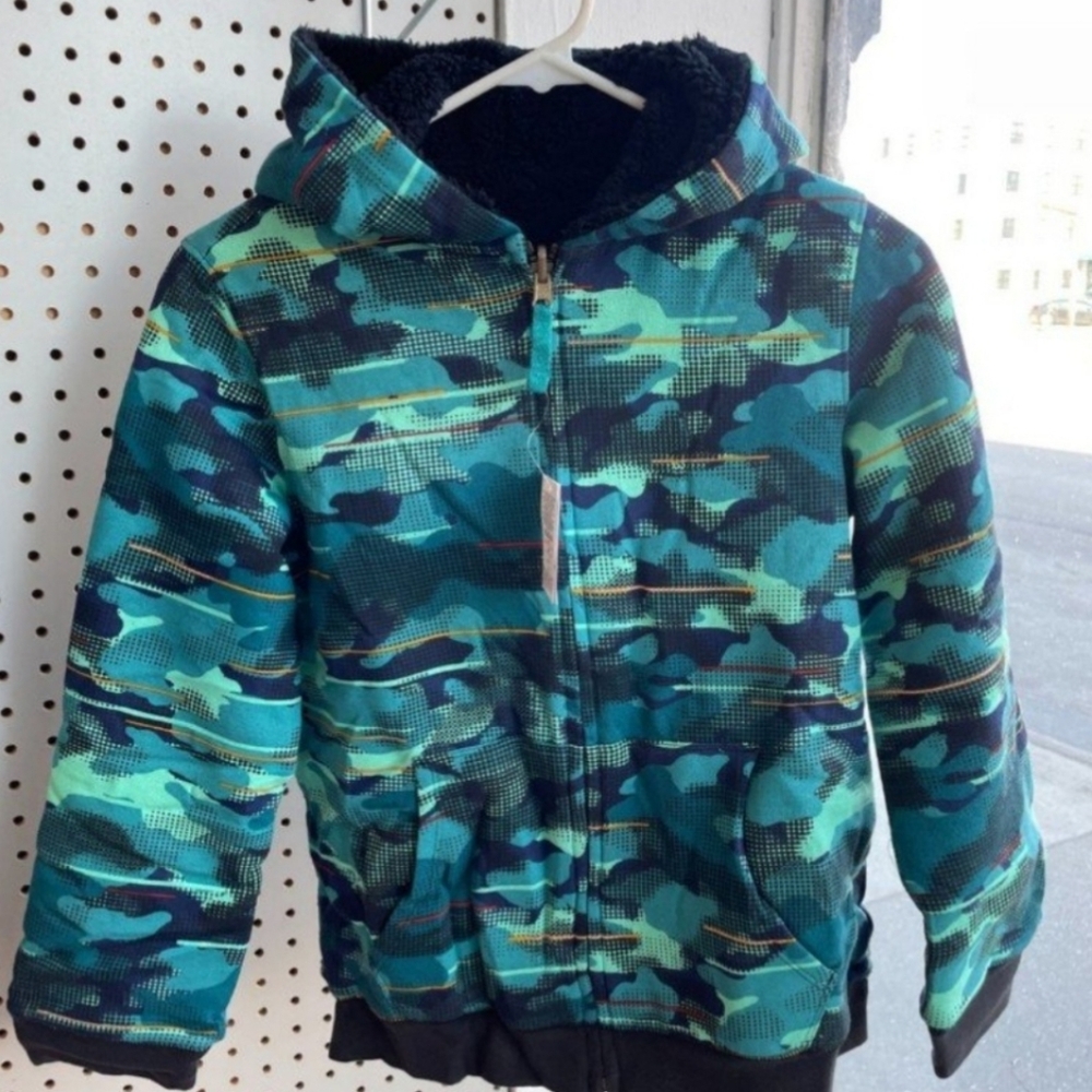 Lands' End Reversible Sherpa Fleece Hoodie, Spade Blue Camo NWT